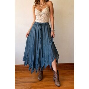 Boho Peasant Midi Skirt Small Sharkbite Asymmetric Hem Elastic Waist Festival